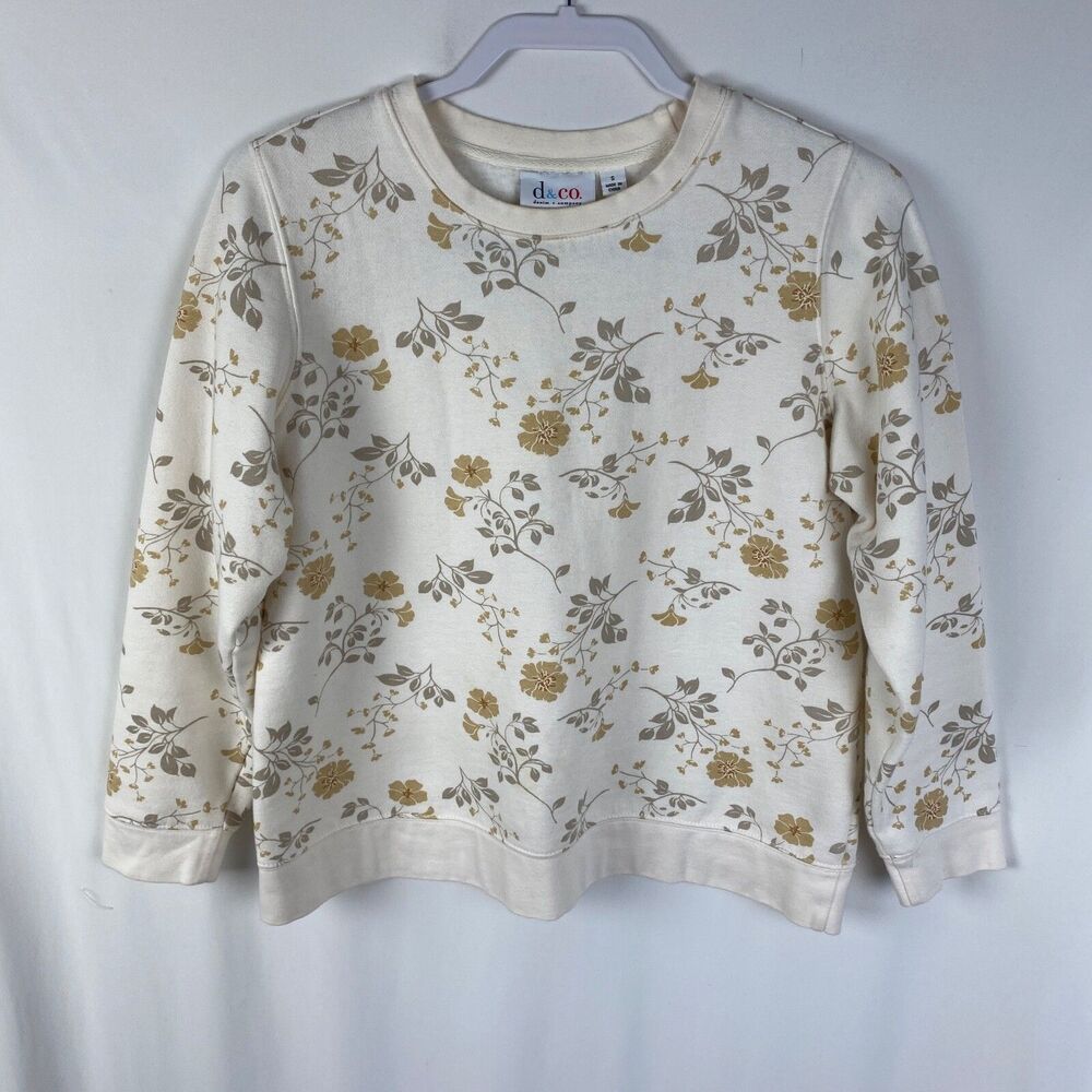 d&co Cropped Sweatshirt Top Size Small Floral Print 3/4 Sleeves Women's